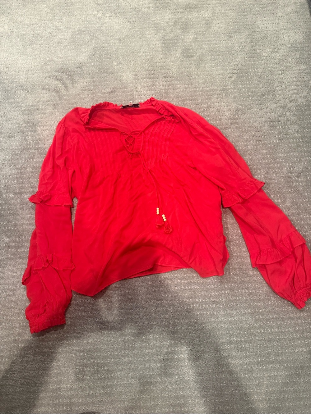 Hale Bob Los Angeles Red Ruffle Lace-Up Long Sleeve Blouse Size XL Peasant Boho
